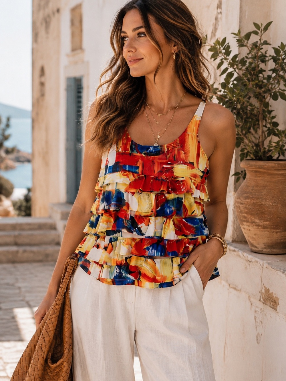 Mely New York Ruffle Tank L Abstract Painterly Print Artsy Boho